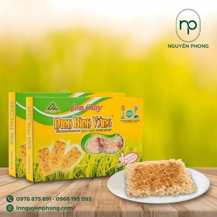 Mẫu hộp đựng cơm cháy cán màng mica 
